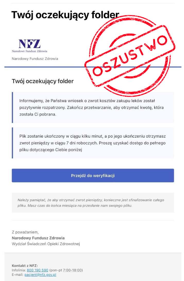Masz taką wiadomość od NFZ? Uważaj, to pułapka!